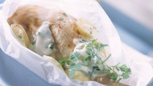 Cuisse de lapin en papillote, crème citronnée